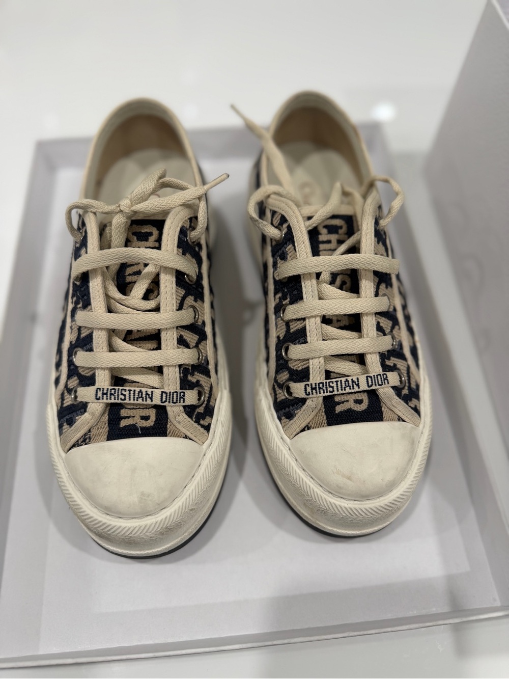Dior Beige and Navy Logo Canvas Low-Top Sneakers